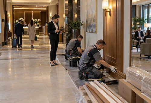 Replacing wooden trim in an operating hotel without interrupting business