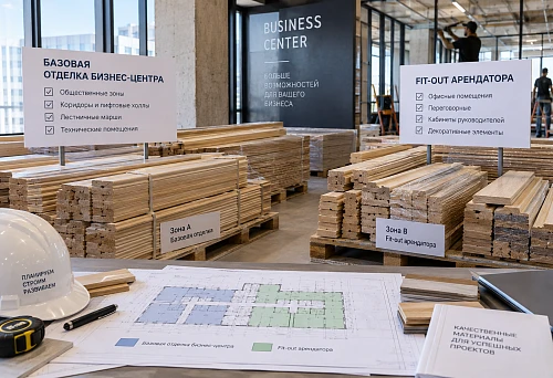 Splitting wooden trim between the business center's base finishing and the tenant's fit-out