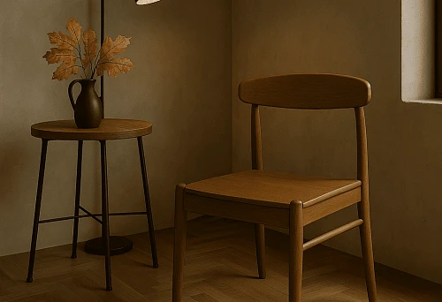 Wooden chair in Scandinavian style next to a round table and lamp in the interior