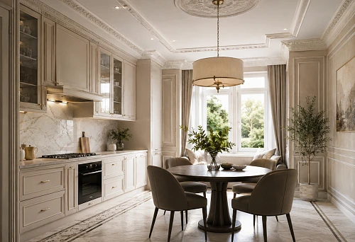 Kitchen with polyurethane moldings on the walls and neat ceiling decor