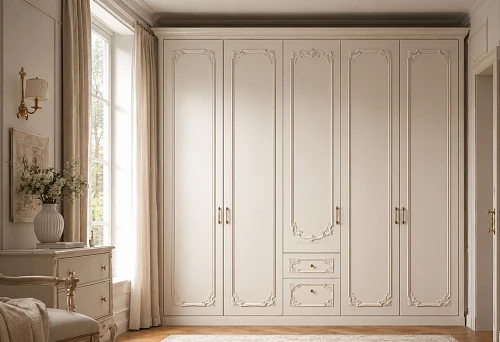 Wardrobe with moldings, decorative overlays and beautiful furniture handles