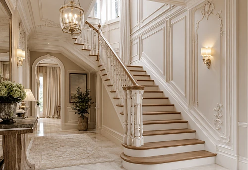 Staircase hall with balusters, railings, moldings and stucco in one style