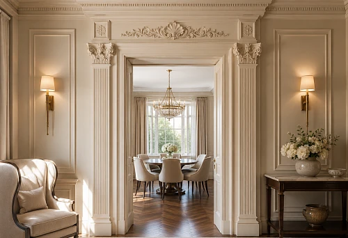 Doorway with architraves, pilasters and stucco molding in a classic interior