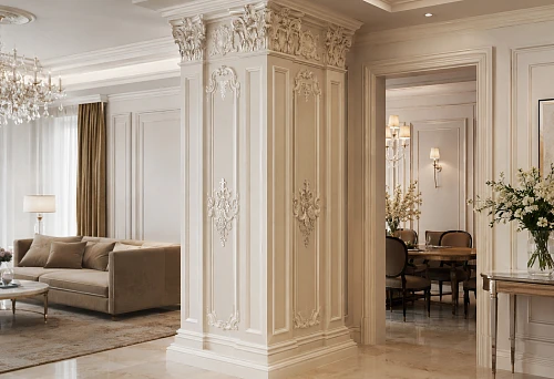 Column in the interior with stucco, capital, moldings and decorative elements