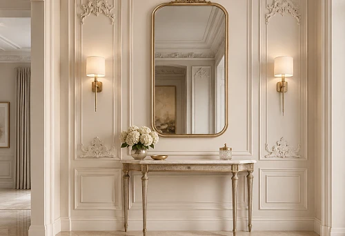 Wall with console, mirror, sconce, moldings and decorative stucco