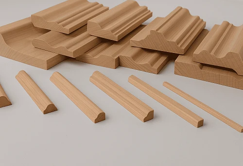 Decorative wooden moldings on a white table, various shapes and profiles.