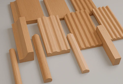 Various wooden moldings for interior on a light surface.