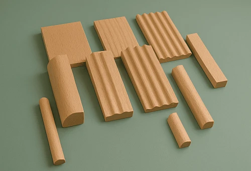 Set of decorative wooden moldings with different profiles on a light surface.
