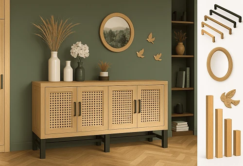 Stylish wooden chest of drawers with woven doors in an interior with green walls and decorative elements.