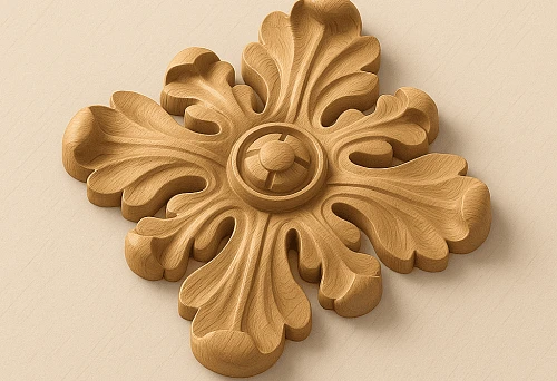 Decorative carved furniture rosette made of natural wood.