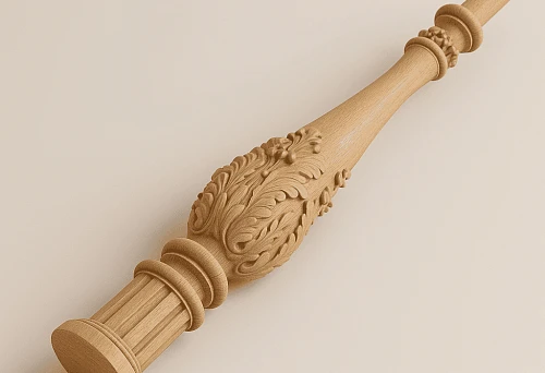 Carved wooden post with elegant ornament, made from natural wood.