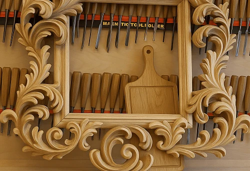 Carved wooden frame in classic style and cutting board against workshop background.