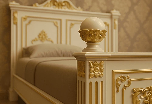 Luxurious wooden bed with carved decoration and gold elements in classic style.