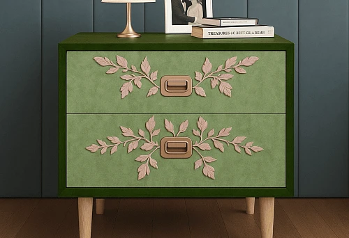Wooden chest with carved patterns on drawers and elegant hardware.