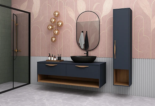 Modern bathroom with dark blue furniture and golden accents.