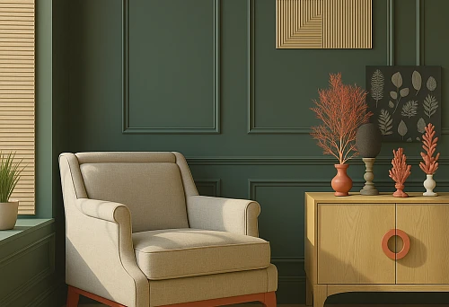 Elegant beige upholstered chair against a dark green wall with decorative panels.