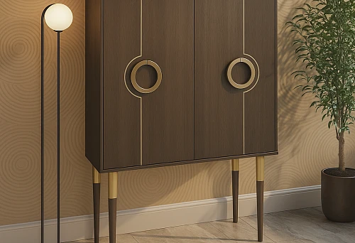 Elegant Cabinet in Modern Style with Dark Wood and Gold Handles