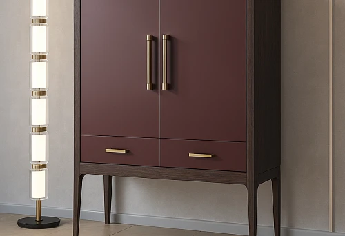 Modern cabinet in dark red and dark brown with gold handles.