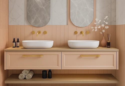 Modern bathroom with double sink and gold accessories.