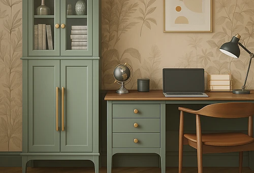 Elegant workspace with a green cabinet and wooden desk.