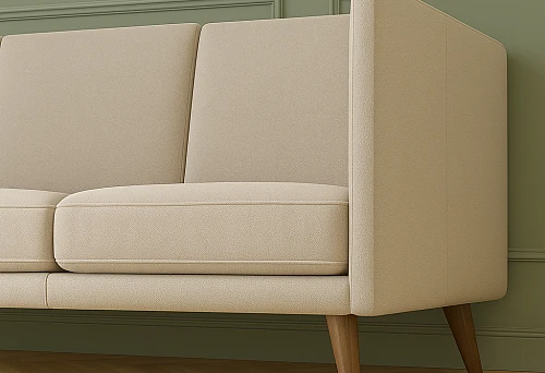 Modern beige sofa on wooden legs in a light interior.