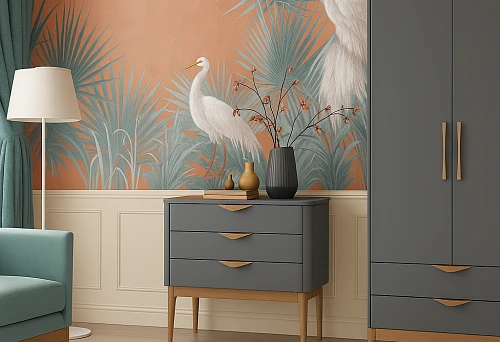 Living room with bright wall decor: exotic birds against tropical foliage.