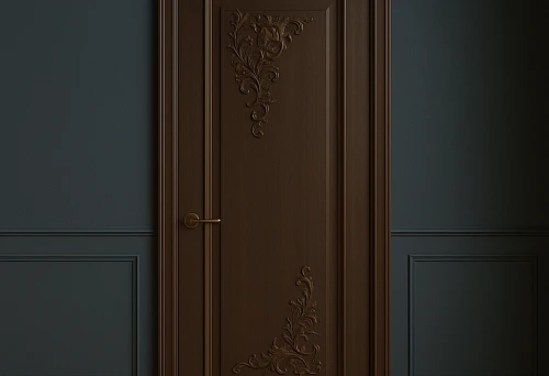 Classic dark wood door with decorative carving and golden handle.