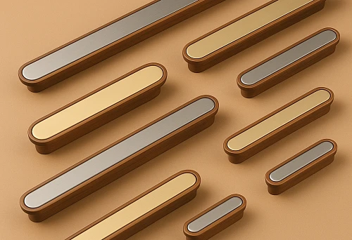 Set of kitchen handles made of metal and wood on a light brown background.