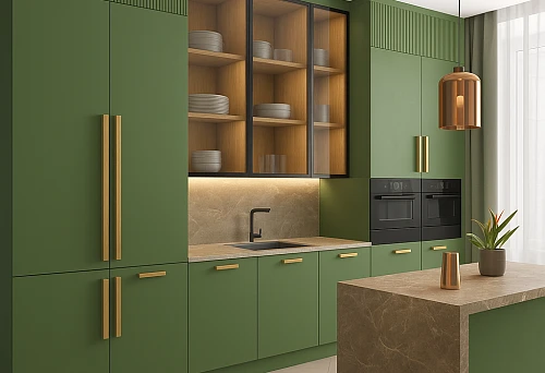Modern green kitchen with gold handles and built-in appliances.