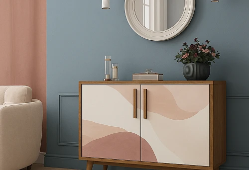Modern chest of drawers with an abstract pattern on the front and gold handles.