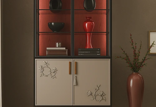 Elegant cabinet with red backlight and decorative hardware on legs.