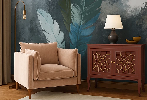 Cozy corner with beige armchair and dark red sideboard with gold geometric decor.