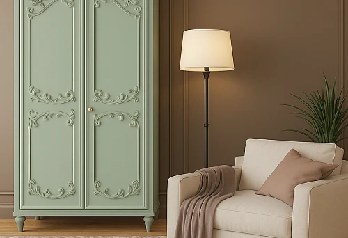Classic mint-colored cabinet with decorative carving on the fronts.