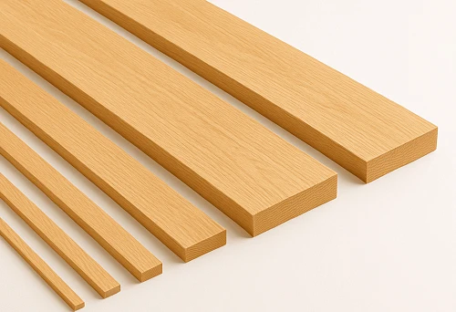Wooden planks of different sizes on white background, showing texture