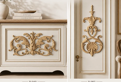 Wooden decorative overlays N-040 and N-093 &mdash; a comparison of carved decor for furniture, doors, and walls