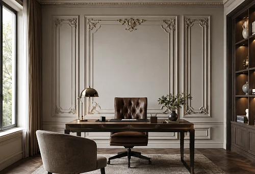Workspace with an accent wall, moldings, and decorative stucco