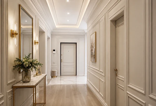 Polyurethane moldings for decorating a long wall in the hallway
