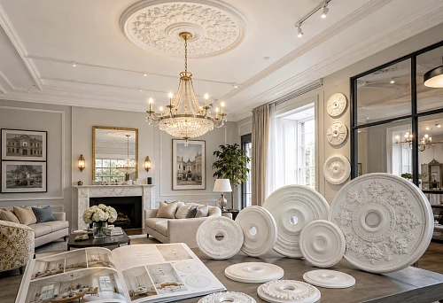 Polyurethane ceiling medallion for a chandelier in a classic interior