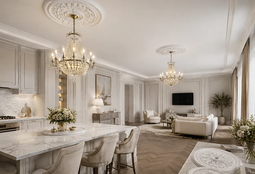 Paired polyurethane ceiling medallions for two chandeliers in a kitchen-living room