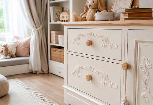 Decor of children's furniture with wooden handles and polyurethane overlays