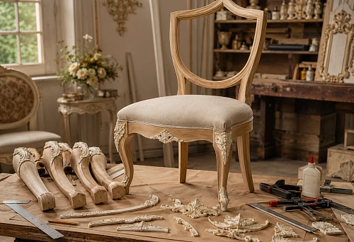 Chair legs and polyurethane decor for assembling a classic chair