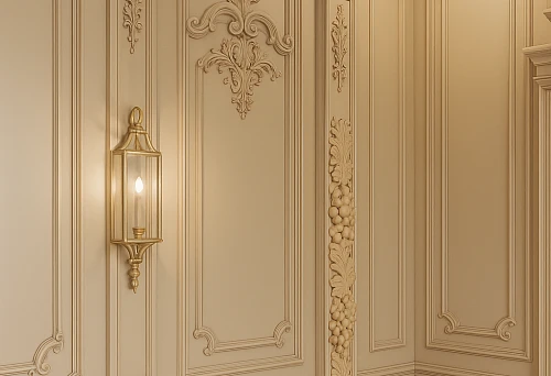 Luxurious interior with decorative wooden columns adorned with carving and grapevine motifs