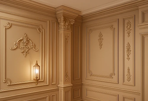 Luxurious interior with wooden columns and decorative panels in classic style