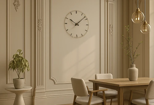 Light dining room interior with wooden columns and carved posts