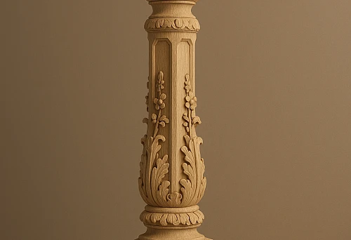 Carved wooden column with decorative top and floral ornament