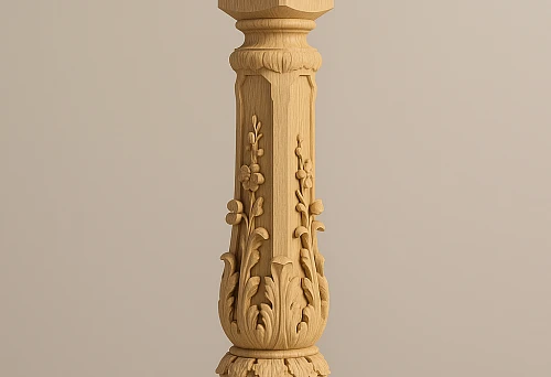Carved wooden staircase column with decorative floral elements and classical capital