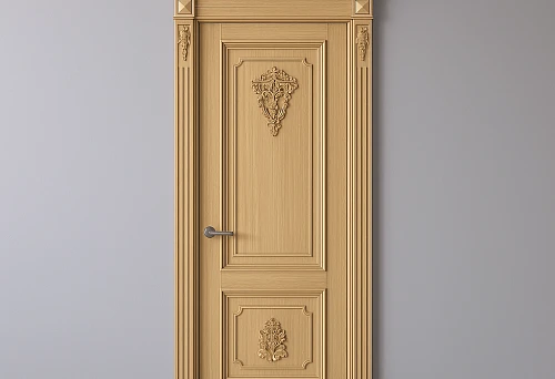 Elegant Wooden Door with Decorative Carving and Half-Columns on Sides