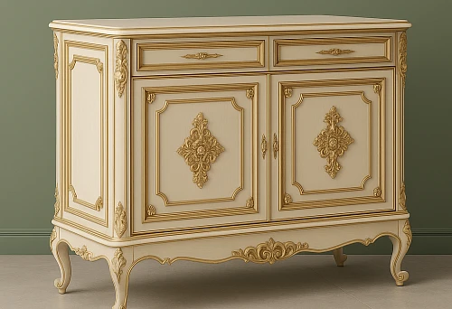 Luxurious chest with decorative pilasters and carved ornament in classic style