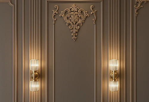 Elegant interior with wooden column and decorative carving