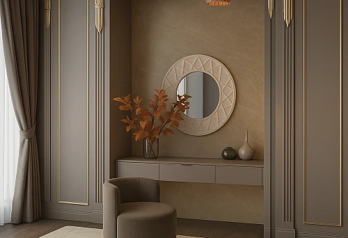 Elegant interior with wooden columns and beams featuring gold decorative elements